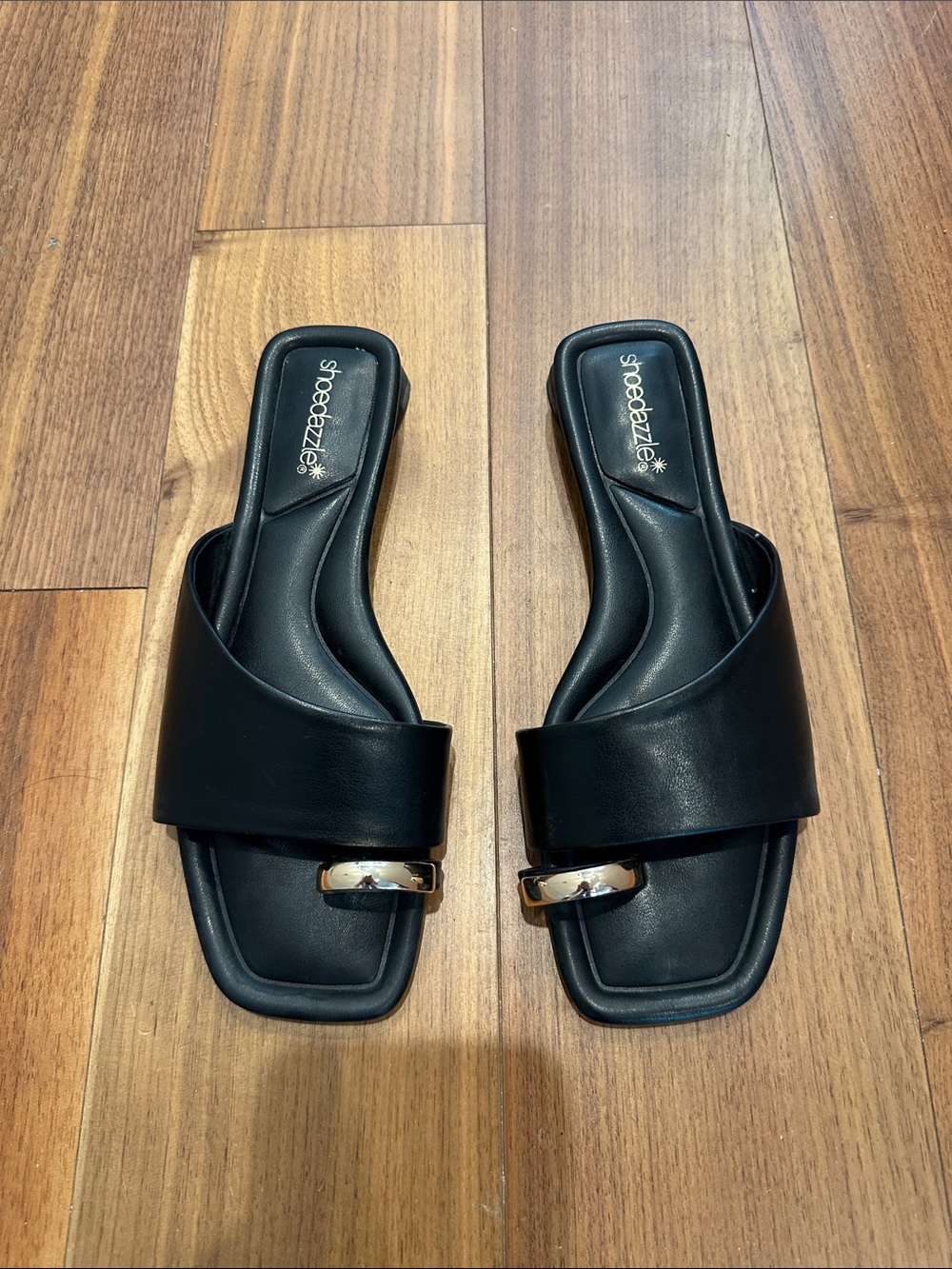 Shoe Dazzle Black Slide Mules with Gold Ring Accent